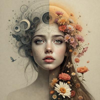 The primary subject of the image is a woman with a flower crown on her head. She is wearing a dress and has a flower in her hair. The setting is a garden, with a variety of flowers surrounding her. The visual style is a combination of digital art and illustration, creating a vibrant and colorful scene. The dominant colors are shades of pink, yellow, and white, giving the image a warm and cheerful atmosphere.